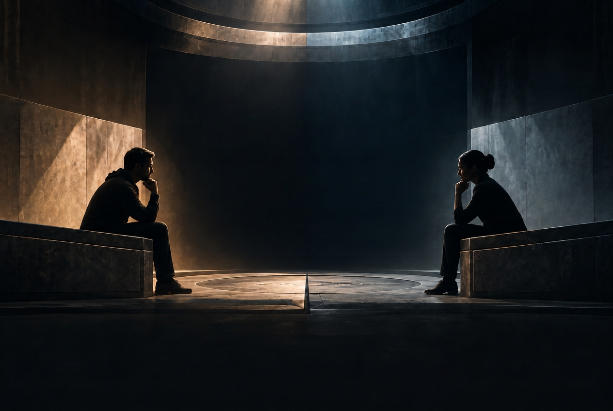 Two silhouetted debaters seated facing each other in a stone arena